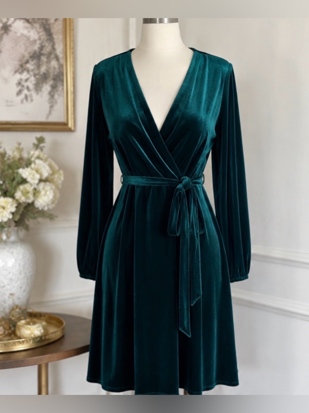 Elegant Teal Velvet dress with Tie Waist